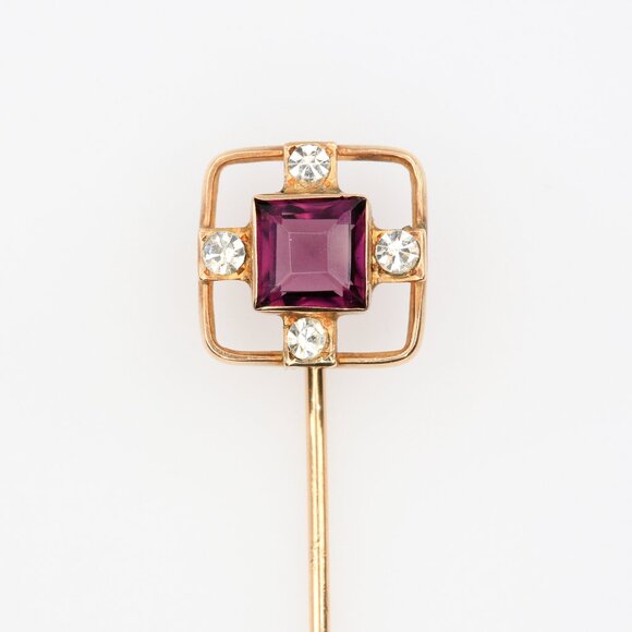 Antique Edwardian 14K Gold Square Stick Pin With Purple & Clear Glass Stones - Picture 1 of 5
